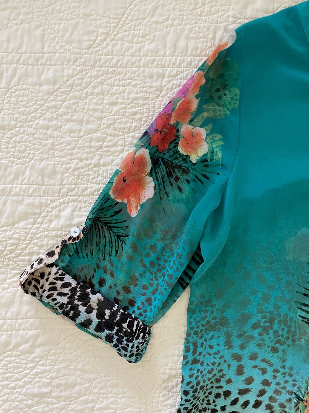 Soft Surroundings Teal Tropical Floral Cheetah Print Sheer Tunic Top Blouse Sz L - Picture 9 of 15